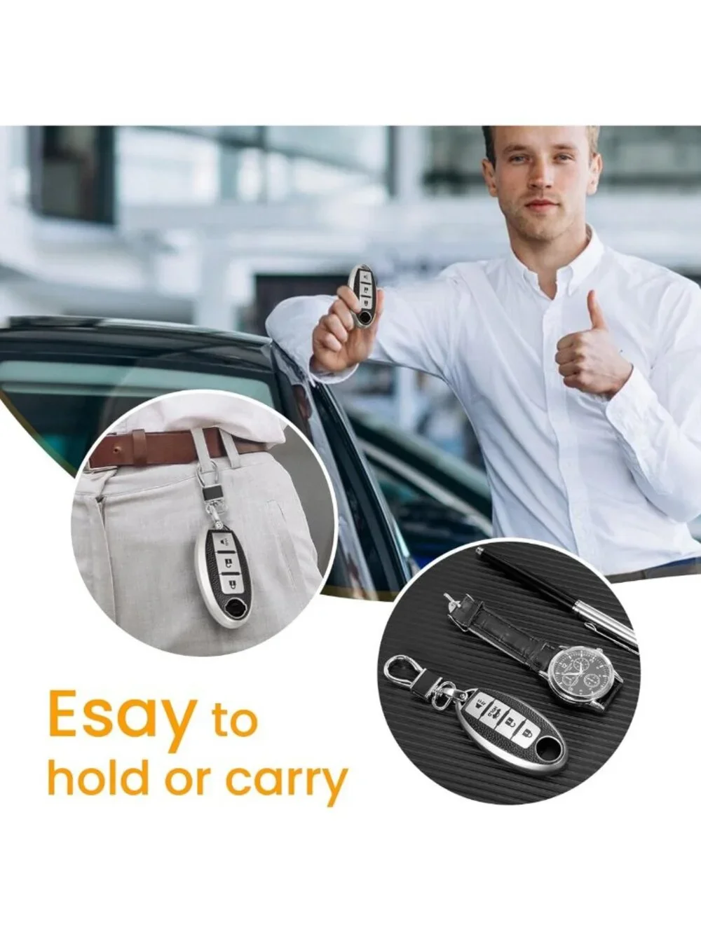 Leather Key Fob Cover for Nissan - Soft TPU Case with Keychain, 3 Button Design